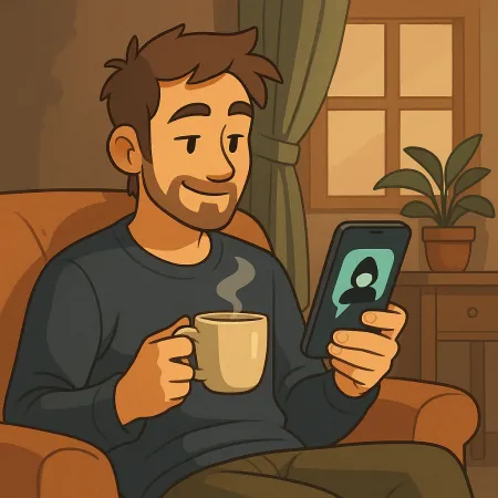 Rahat bir koltukta oturan, bir elinde buharlı bir kahve fincanı ve diğerinde akıllı telefon tutan sakallı bir adam. Ekranda anonim bir siluet görüntüleniyor. İç mekan sıcak bir atmosferde, arka planda bir bitki, perde ve pencere var.