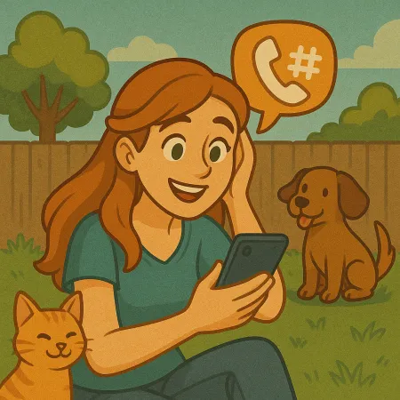Gülümseyerek akıllı telefonuna bakan, bir bahçede oturan kızıl saçlı bir kadın. Yanında bir turuncu kedi ona sokulmuş ve bir kahverengi köpek yakınlarda oturuyor. Üzerinde telefon simgesi ve bir diyez bulunan bir konuşma balonu, onunla bir telefon görüşmesi yapıldığını öneriyor.