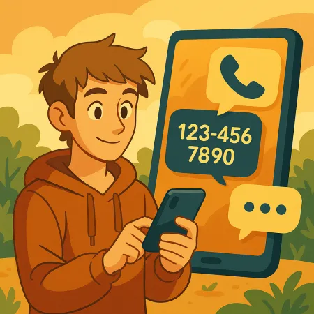 Sırtında kapüşonlu bir sweatshirt olan gülümseyen genç adam, arka planda bir telefon simgesi ve sahte bir telefon numarası (123-456-7890) gösteren büyük bir telefon ekranı ile stilize edilmiş sıcak bir dış mekan dekorunda.
