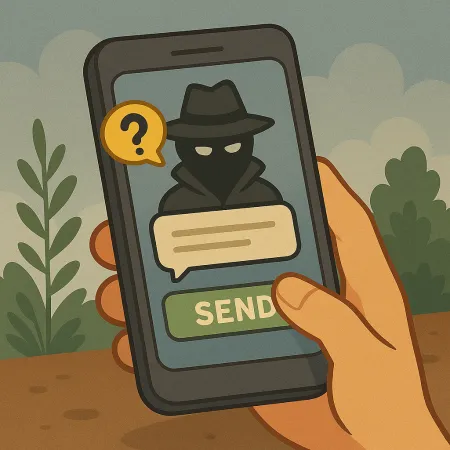 Bir elinde akıllı telefon tutan, gizli bir göndereni temsil eden yağmurluk ve şapka giymiş bir karakterin görüntüsü. Görüş alanında bir soru işareti olan bir konuşma balonu ve 'GÖNDER' yazılı yeşil bir düğme, anonim bir mesaj göndermeyi öneriyor.