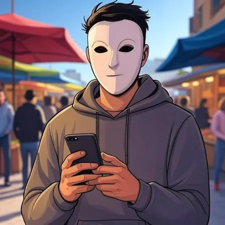 Beyaz maske takan ve gri bir kapüşonlu sweatshirt giyen bir genç adam, açık hava pazarında telefonuna bakıyor.