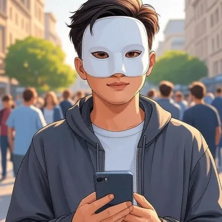 Beyaz bir maske takan ve gri bir kapüşonlu ceket giyen genç bir adam, kalabalık bir sokakta bir akıllı telefon tutarken kameraya bakıyor.