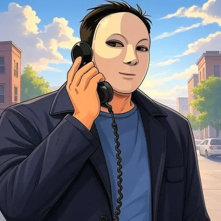 Beyaz bir maske takan, koyu bir ceket ve mavi bir tişört giyen bir adam, arka planda şehir sokağıyla birlikte eski tarz bir siyah telefonun alıcısına konuşuyor.