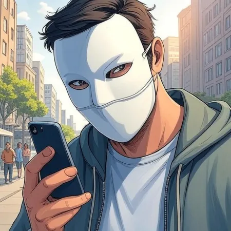 Beyaz bir maske ve kapüşonlu bir sweatshirt giymiş bir adam, şehirdeki bir sokakta cep telefonuna bakıyor. Görüntü, bir çizgi film veya karikatür tarzında yapılmıştır.