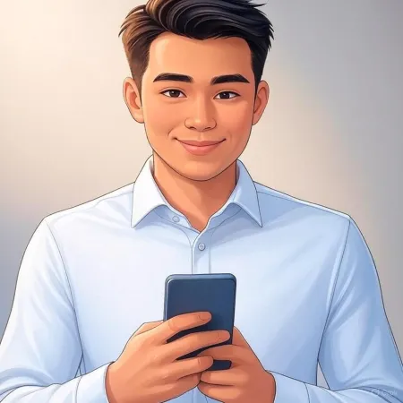 Mavi takım elbise giymiş gülümseyen bir iş adamının akıllı telefon tutarkenki görüntüsü.