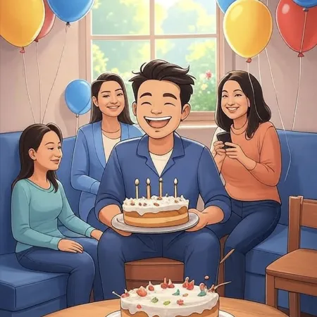 Beş mumla bir pastayı tutan gülümseyen bir adam, renkli balonlarla süslenmiş bir salonda yakınlarıyla birlikte.
