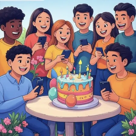 Renkli bir doğum günü pastası, mumlar, balonlar ve süslemelerle çevrili genç, gülümseyen bir grup, telefonlarını tutarken.