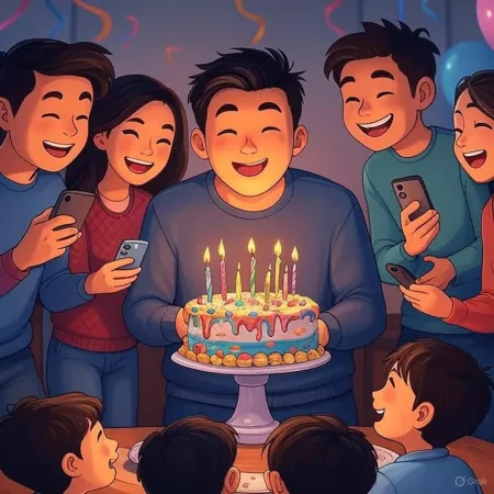 Gülümseyen bir erkeğin, mumları yanar halde süslenmiş bir pastayı tuttuğu, arkadaşları ve yakınlarıyla fotoğraflar çekildiği bir doğum günü kutlaması.