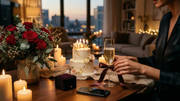 Modern bir mutfakta oturan gülümseyen bir kadın cep telefonuna bakarken, arka plandaki iki erkek ona yanan mumlu doğum günü pastaları sunuyor.